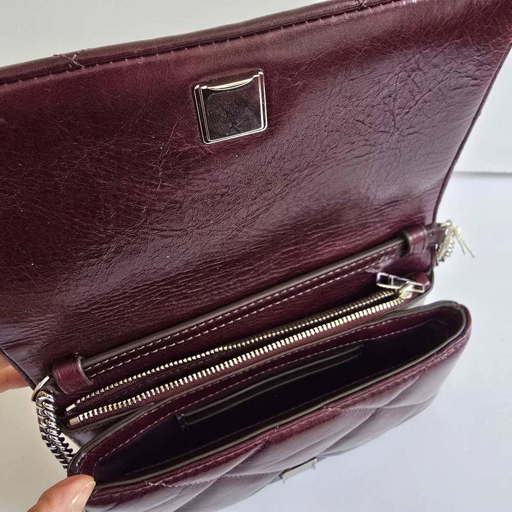 Tory Burch Kira Diamond Distressed Leather Chain Wallet Dark Carmine